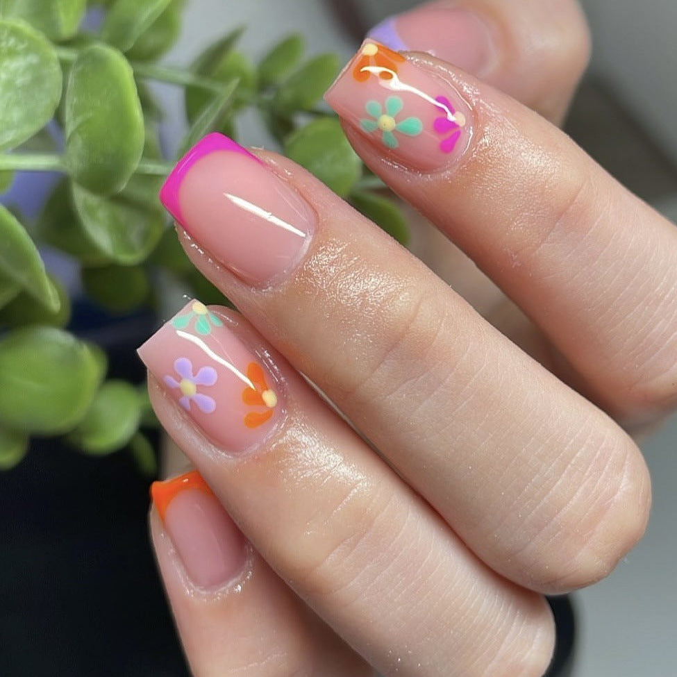 Spring Blossom Collection Medium Length Square Tip Press On Nail Set in Pastel Pink Multicolor Floral Design