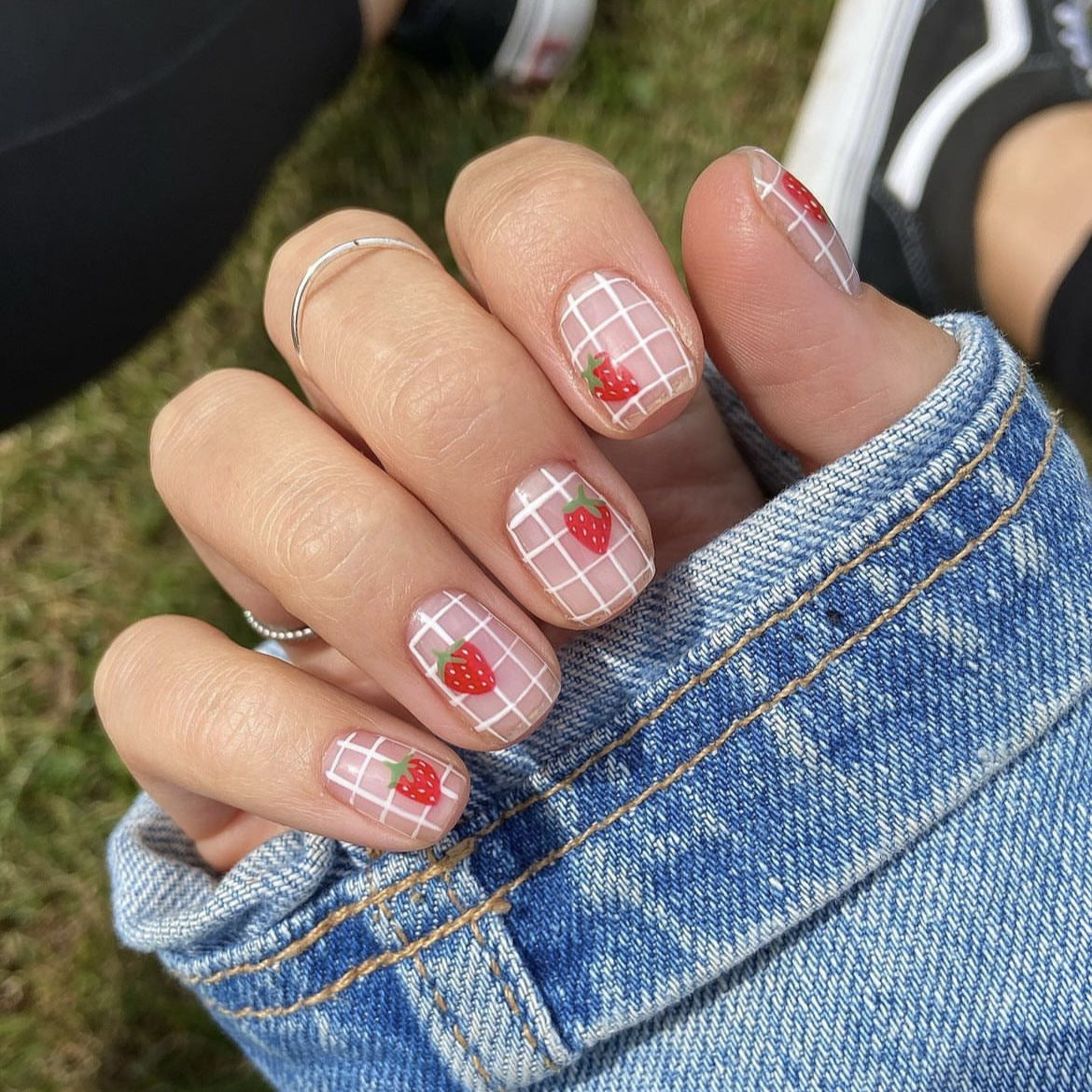 Summer Picnic Short Squoval White Press On Nail Set with Strawberry Accents and Gingham Design