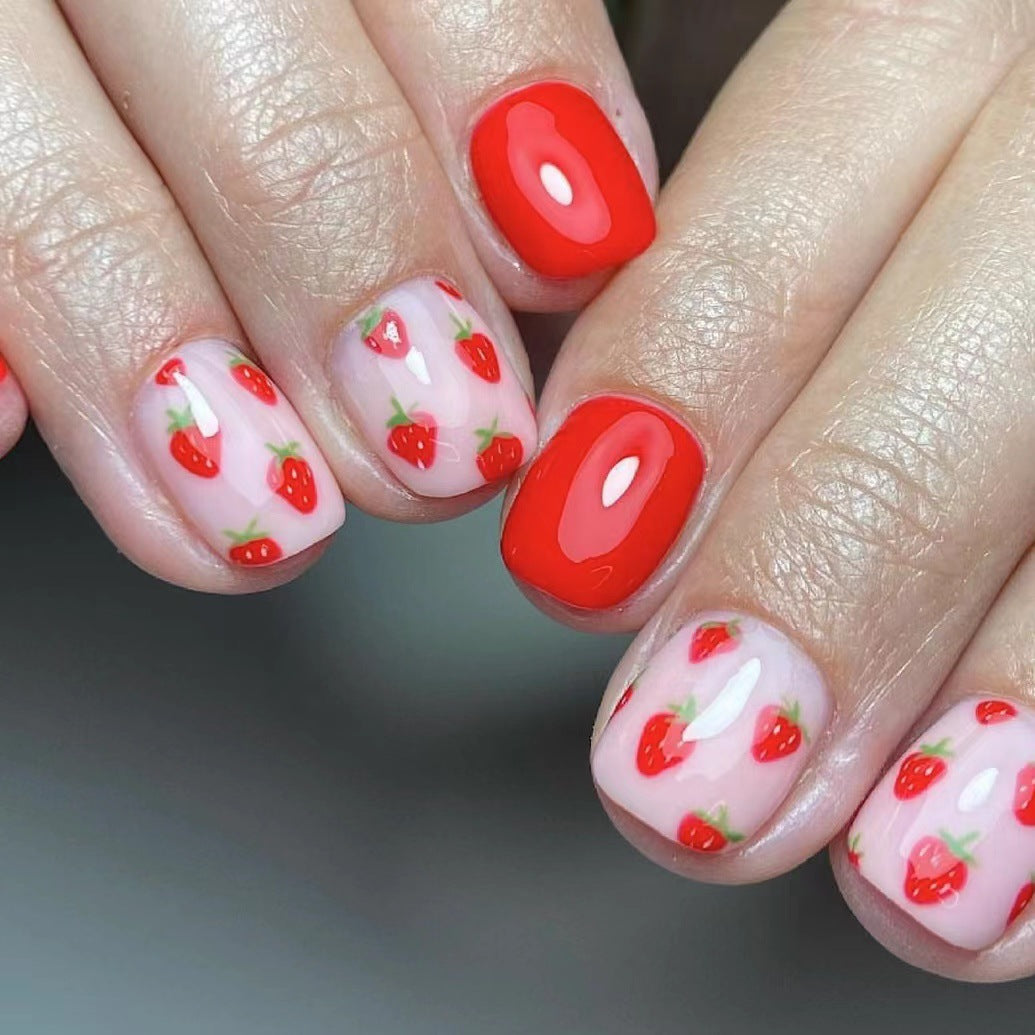 Summer Berry Bliss Short Squoval Red Press On Nail Set with Strawberry Accents