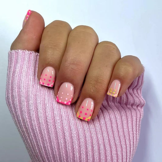 Springtime Celebration Short Square Pink Press On Nails with Polka Dot Accents