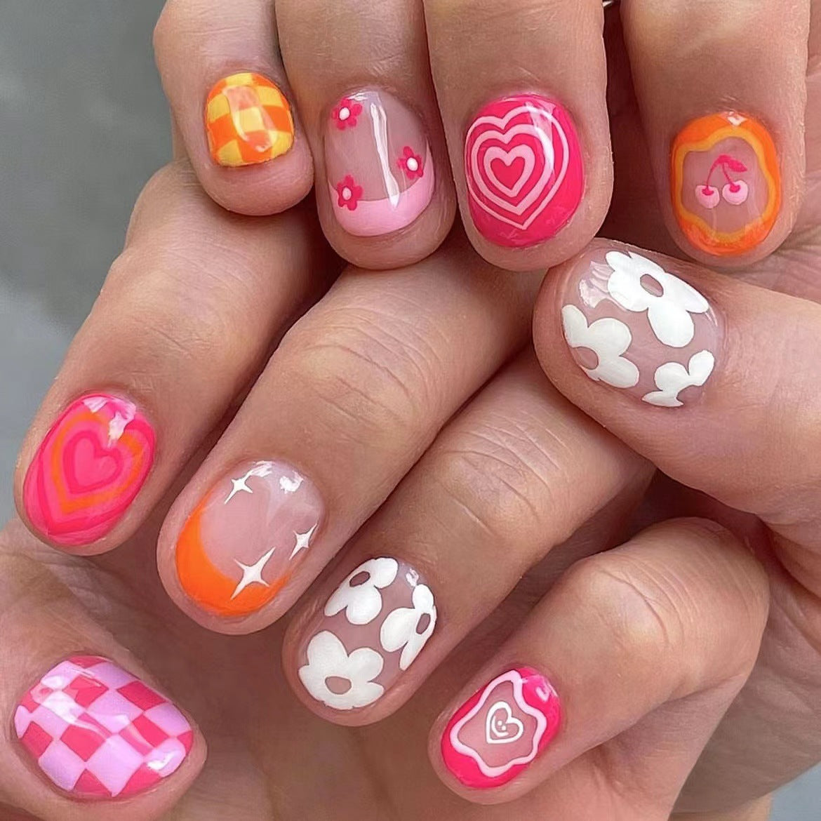 Valentine's Romance Short Oval Pink and Orange Press On Nail Set with Heart and Floral Designs