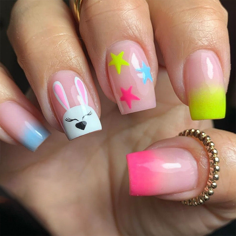 Whimsical Wonders Medium Square Press On Nail Set Pastel Ombre with Bunny and Star Accents