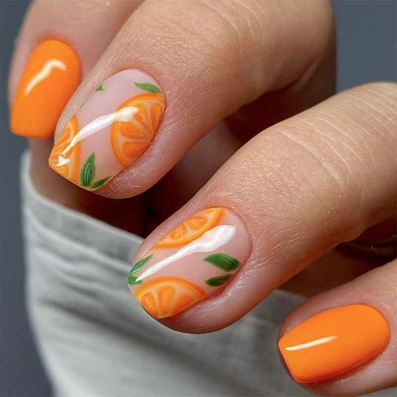 Tropical Escape Short Length Square Orange Press On Nails with Floral Art Accents