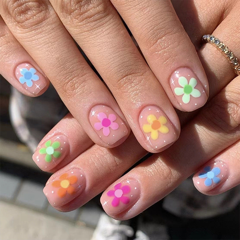 Summer Blossom Short Length Square Pink Press On Nails with Colorful Floral Accents