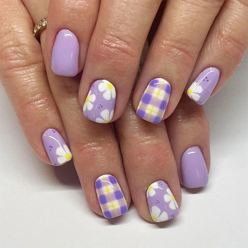 Spring Fling Short-Length Squoval Lavender Press On Nails with Plaid and Floral Accents