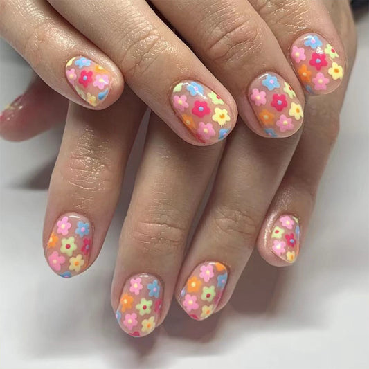 Spring Blossom Short Round Multicolor Floral Press-On Nail Set with Glitter Accents