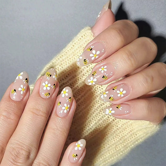 Springtime Blossom Medium Almond Light Pink Press On Nails with Floral and Bee Design