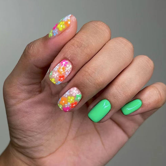 Springtime Short Squoval Multicolor Floral Press On Nail Set with Bright Green Accents