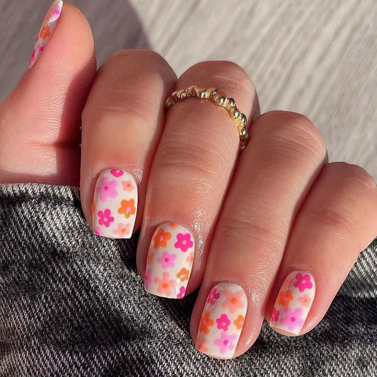 Cherry Blossom Short Square Pastel Pink Press On Nails with Orange Floral Pattern