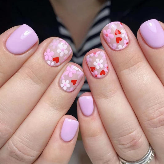 Valentines Day Short Square Lavender Press On Nails with White Floral and Red Heart Accents