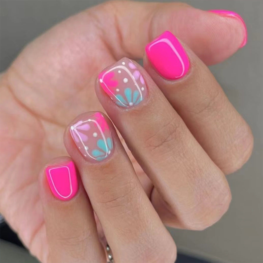 Tropical Getaway Short Square Neon Pink Press On Nails with Teal Floral Pattern and Polka Dots