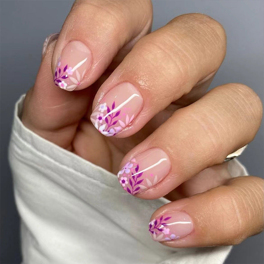 Lavender Fields Short Square Beige Press On Nails with Purple Floral Art Design