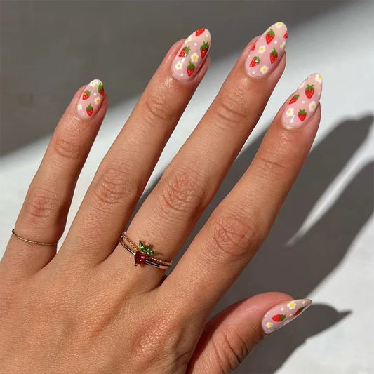 Summer Picnic Short Almond Translucent Press On Nails with Strawberry Print Design