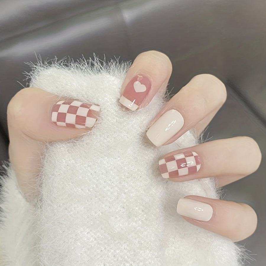 Cozy Cabin Medium Square Beige Press On Nails with Checkered Pattern and Heart Accent