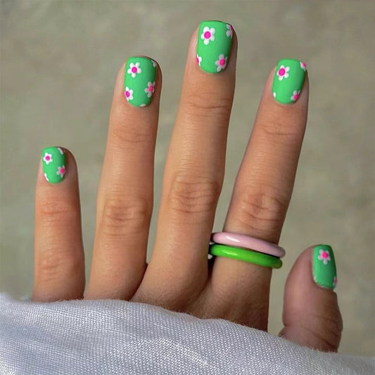 Spring Blossom Green Short Square Press On Nail Set with Pink Floral Accents