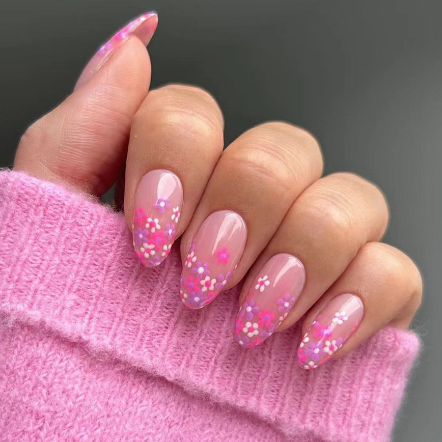 Cherry Blossom Festival Long Almond Pink Press On Nail Set with Floral Glitter Accents