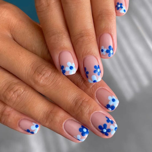 Springtime Blossom Collection Short Square Light Pink Press On Nail Set with Blue Floral Accents