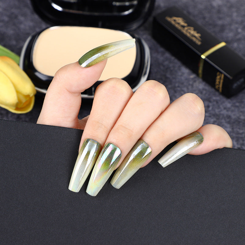 Enchanted Evening Extra Long Coffin Olive Green Holographic Press On Nail Set