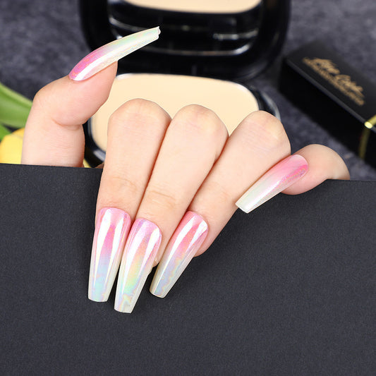 Iridescent Unicorn Long Coffin Pastel Rainbow Press On Nail Set with Holographic Shine