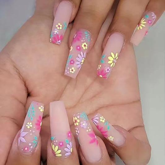 Electric Long Coffin Multicolor Floral Press On Nails