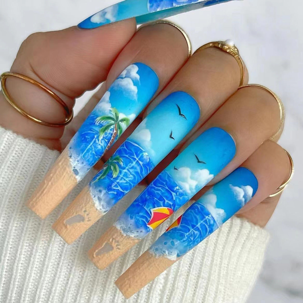 Working From The Beach Long Coffin Blue Vacation Press On Nails