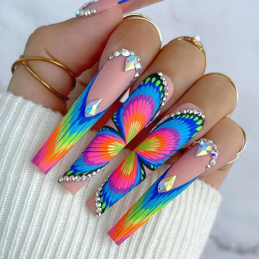 Psychedelic Butterfly Long Coffin Multicolor Bold Press On Nails