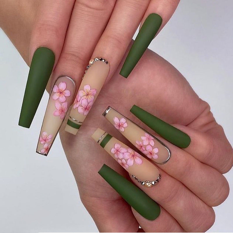 Cherry Blossom Elegance Long Coffin Olive Green Press on Nail Set with Rhinestone Accents and Floral Art Design