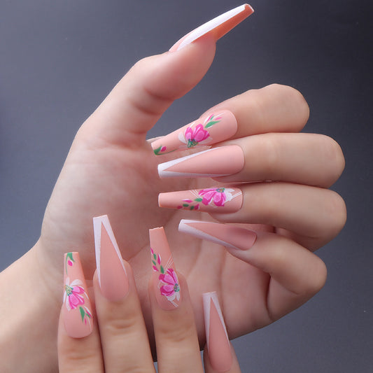 Spring Blossom Long Coffin Pink Press On Nail Set with Floral Design