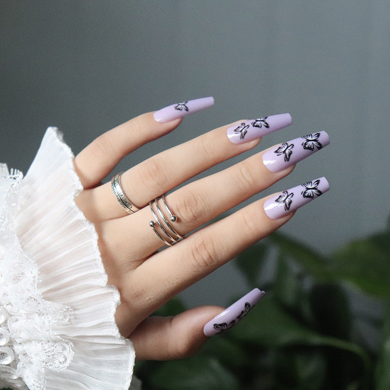 Butterfly Kisses Long Coffin Lavender Press on Nail Set with Black Floral Accents