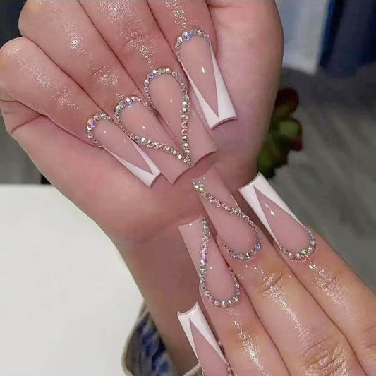 Love To See It Long Square White Studded Press On Nails