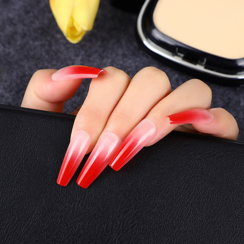 Sunset Ombre Long Coffin Press On Nails Set, Gradient Red to Pink Acrylic False Nail Tips with Glossy Finish