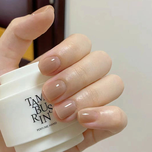 To The Theater Short Square Beige Glossy Press On Nails