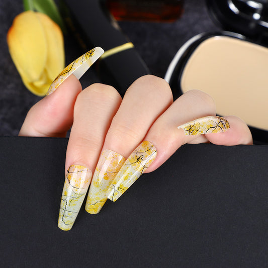 Golden Shimmer Summer Elegance Long Coffin Yellow Press On Nail Set with Sparkling Glitter Accents