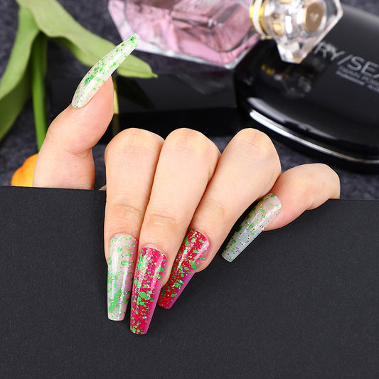 Enchanted Garden Long Coffin Multicolor Glitter Press On Nail Set with Floral Accents