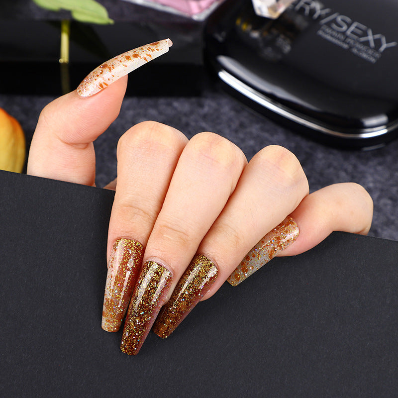 Autumn Elegance Extra-Long Coffin Golden Glitter Press-On Nail Set with Mixed Sparkles