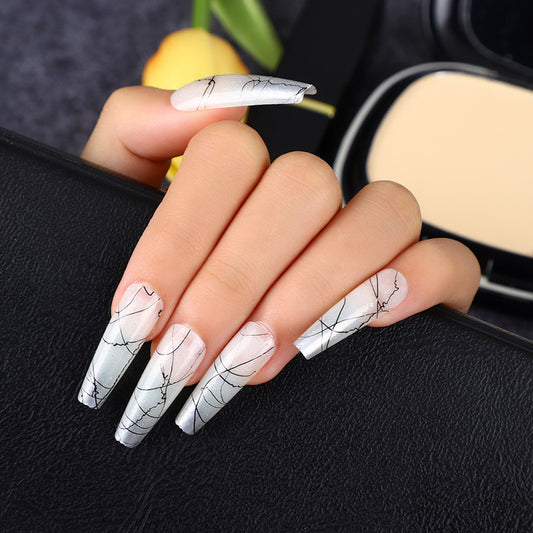 Marble Elegance Extra Long Coffin Shape White and Black Press On Nail Set with Cracked Stone Design