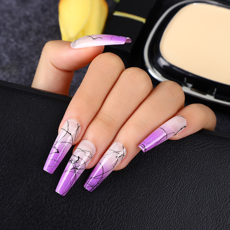 Abstract Art Lavender Long Coffin Press On Nails with Cracked Marble Design