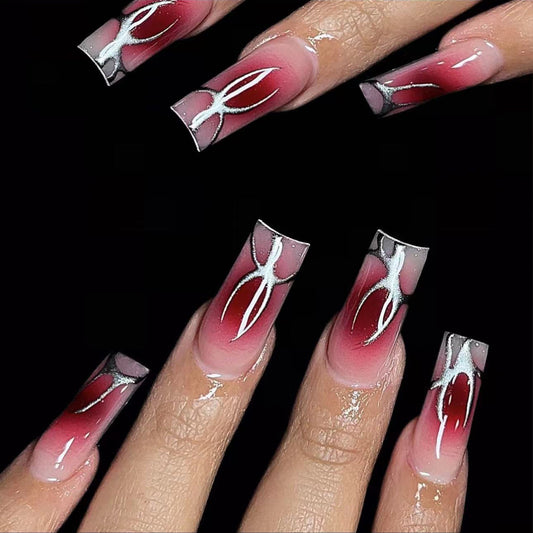 In The Cave Long Coffin Red Bold Press On Nails