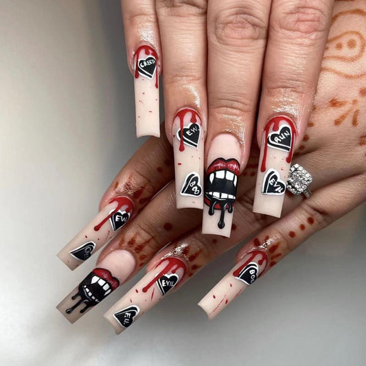 Run Now Girl Long Coffin Red Halloween Press On Nails