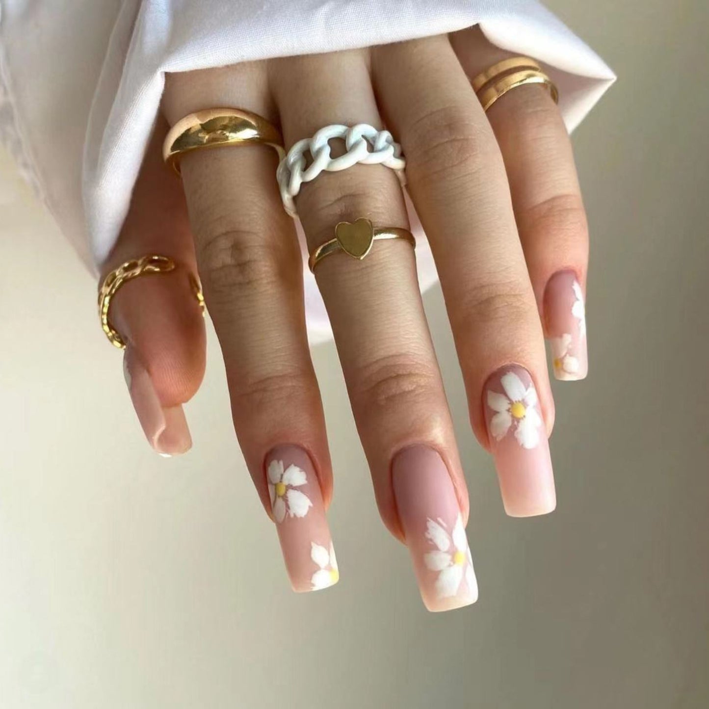 Put Together Long Square Beige Floral Press On Nails