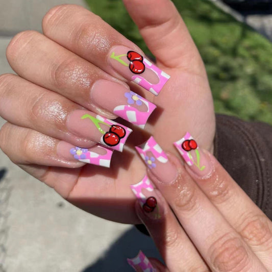 Cherry Pie Mood Long Square Pink Cute Press On Nails