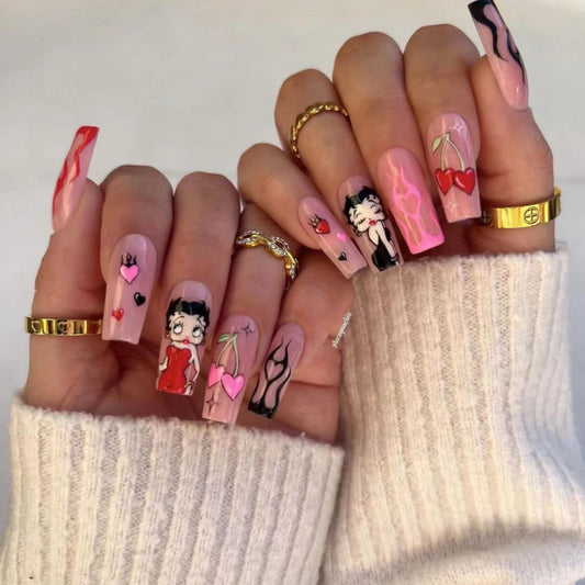 Betty Boop Babe Long Square Multicolor Cartoon Press On Nails