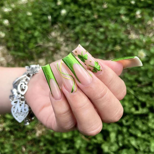 Spring Fling Long Coffin Green Ombre Press-On Nails with Gold Flakes and Clover Decals