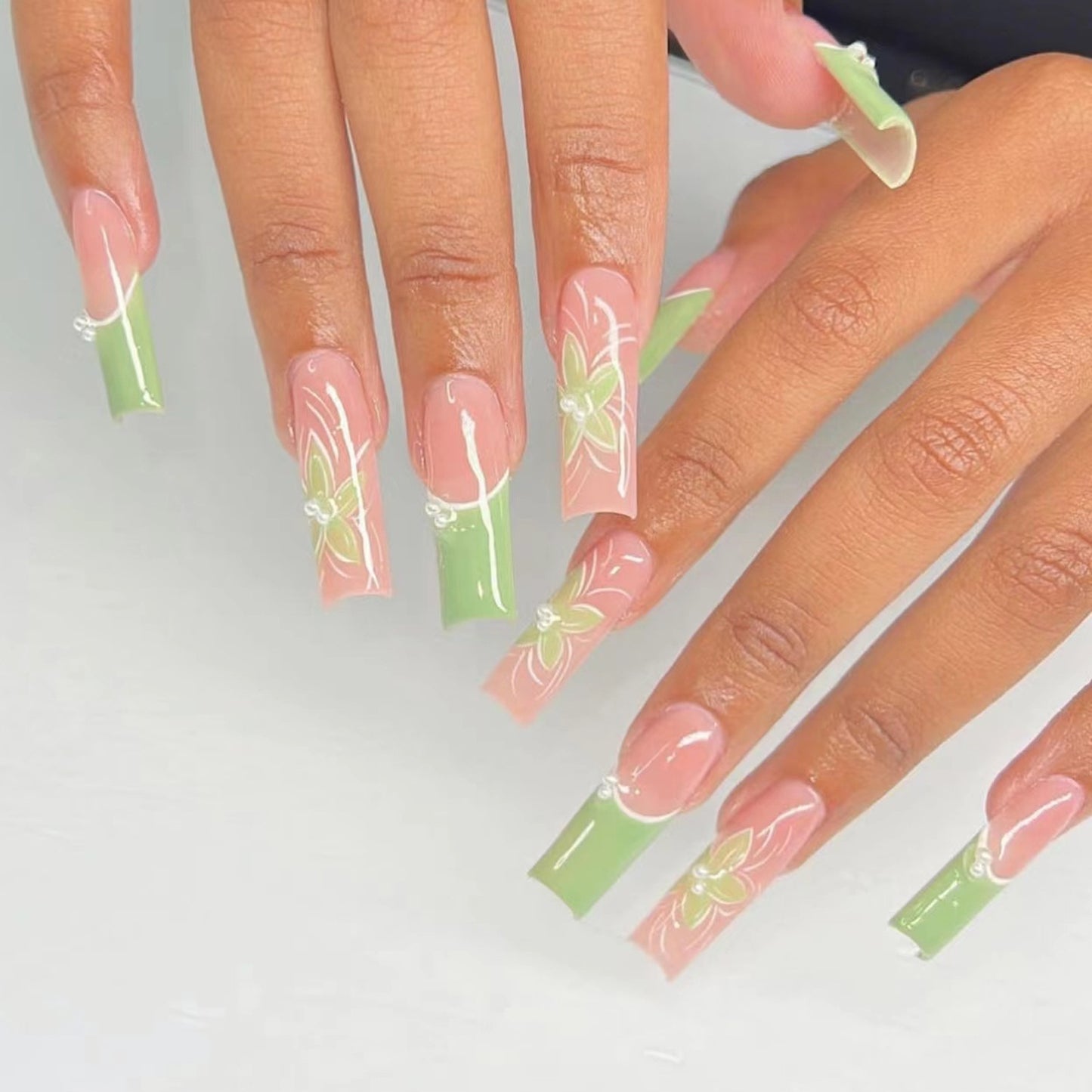 Spring Blossom Extra Long Square Press On Nail Set Green Tip with Pink Floral Accent