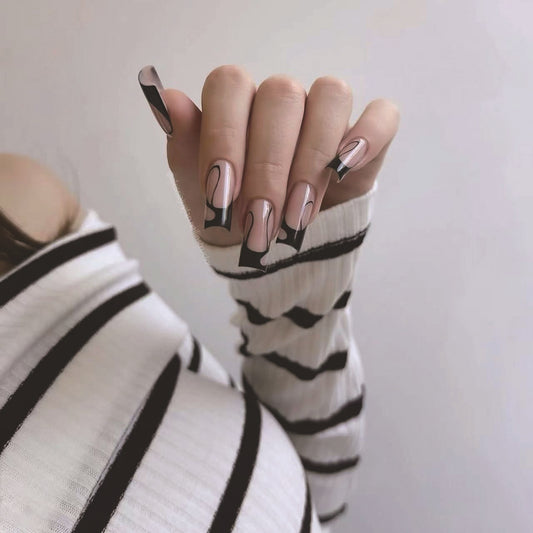 Elegant Chic Long Square Beige Press-On Nails with Abstract Black Line Art Design