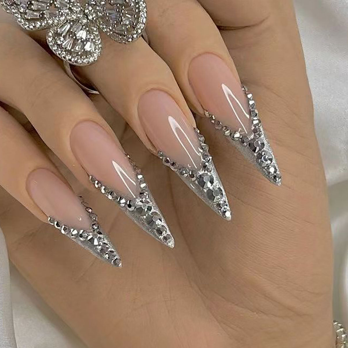 Space Matter Medium Stiletto Silver Studded Press On Nails