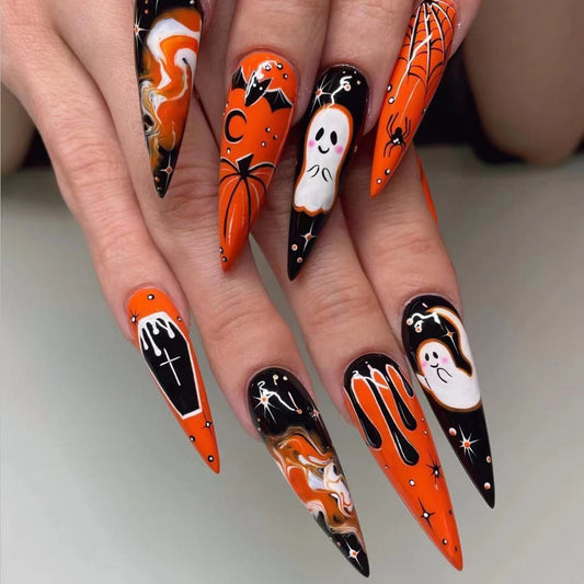 Smile Ghost Smile Long Stiletto Orange Halloween Press On Nails