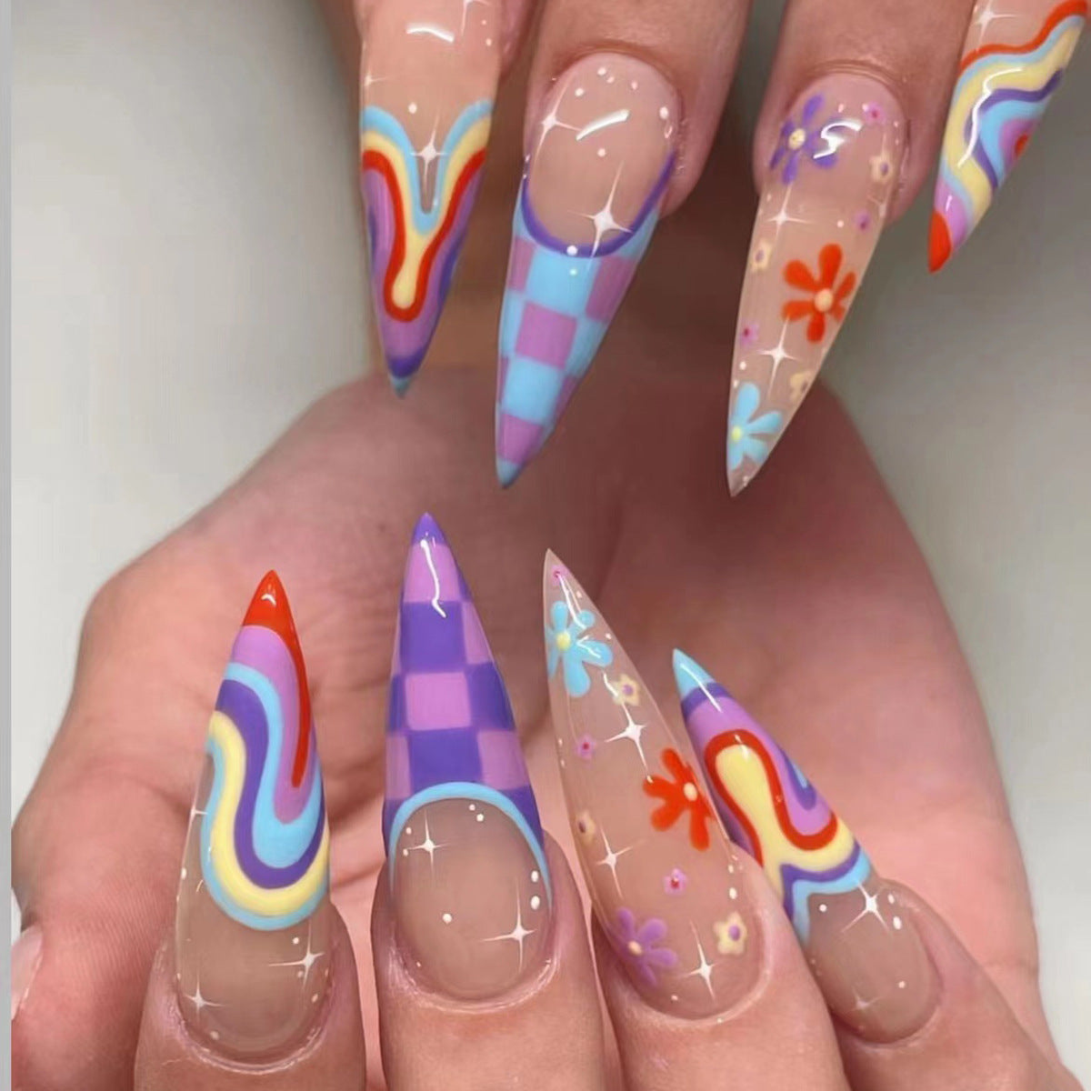 Tripping Around Long Stiletto Multicolor Groovy Press On Nails