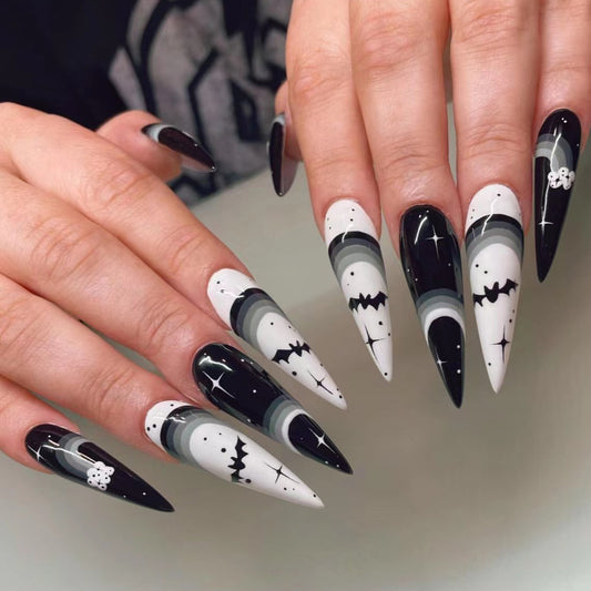 Freaking Bats Long Stiletto Black Halloween Press On Nails