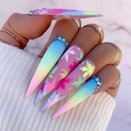 Falling Leaves Long Stiletto Multicolor Studded Press On Nails